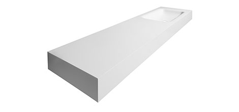 Ein moderner, rechteckiger, weißer Waschtisch mit einem eingebauten Waschbecken an einem Ende, mit klaren, minimalistischen Linien und einer glatten Oberfläche.