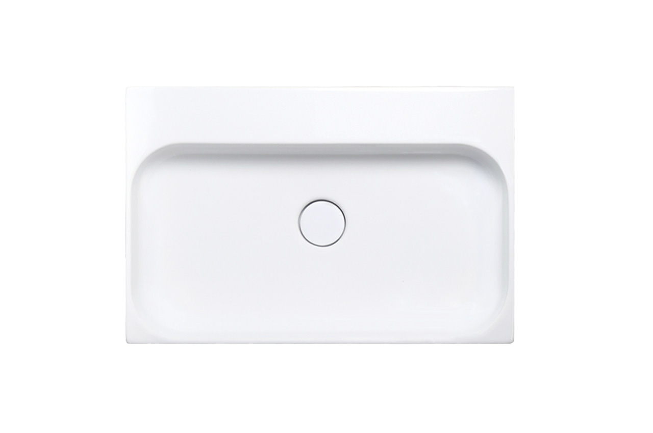 Rechteckige weiße Keramikspüle Bad Waschtisch mit abgerundeten Ecken und zentralem Abflussloch, von oben gesehen, vor einem schlichten weißen Hintergrund.
