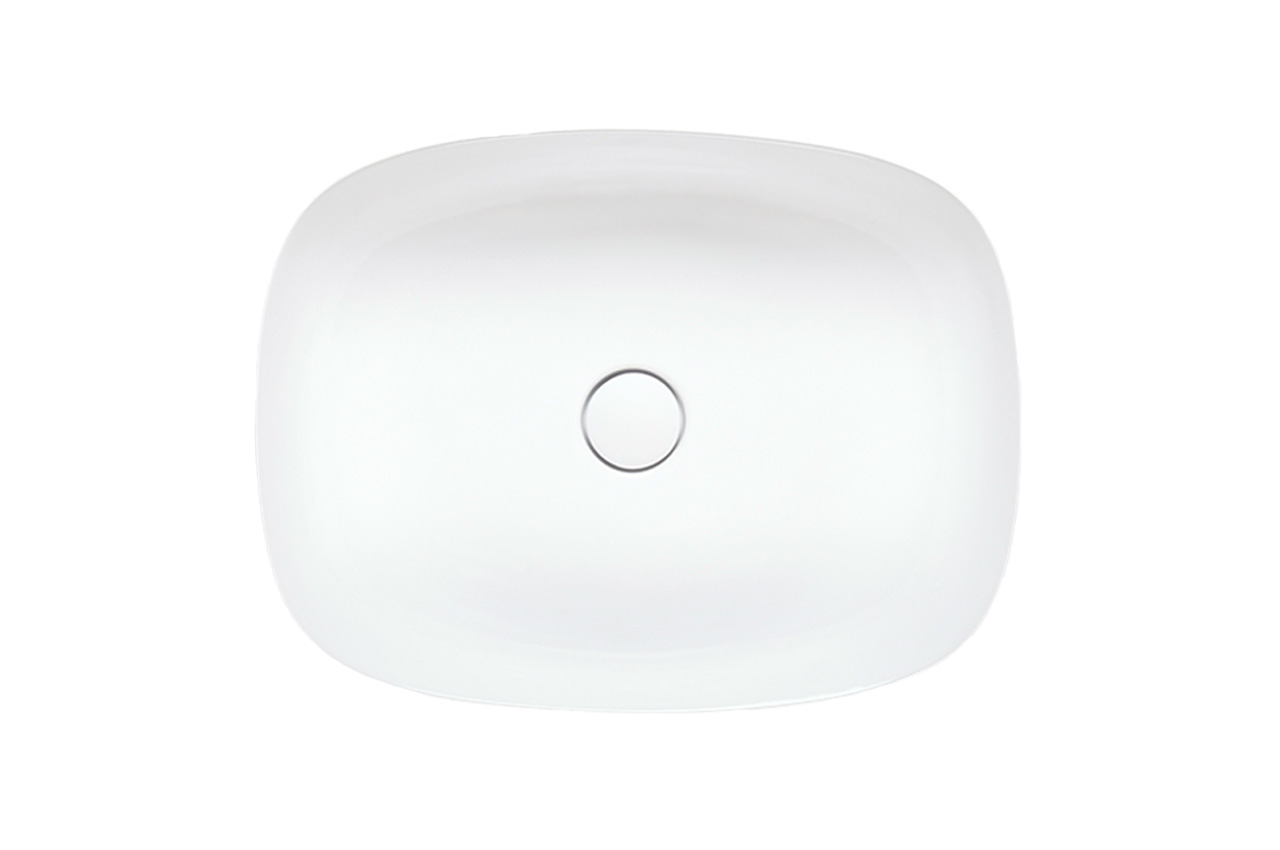 Ein weißes, rechteckiges Waschtisch-Badewaschbecken in der Draufsicht mit abgerundeten Ecken und einem zentralen, runden Abfluss. Der Hintergrund ist komplett weiß.