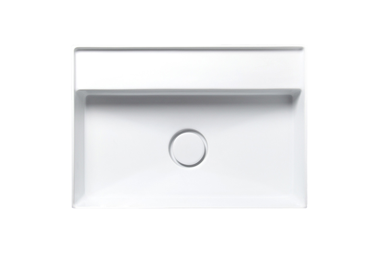 Rechteckiges weißes Waschbecken mit sauberen, scharfen Kanten und einem zentralen Abflussloch, dargestellt von oben nach unten vor einem schlichten weißen Hintergrund.