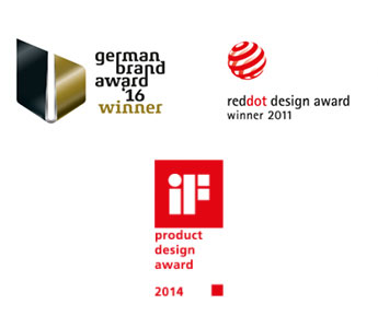 Drei Award-Logos: German Brand Award 2016 Winner, Red Dot Design Award Winner 2011 und iF Product Design Award 2014, jeweils mit markanten Farben und Formen.