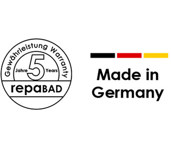 Kreisförmige Plakette mit 5 Jahren Garantie in Deutsch und Englisch, mit dem Markennamen repabad. Daneben der Text Made in Germany und schwarz-rot-gelbe Balken, die die deutsche Flagge darstellen.