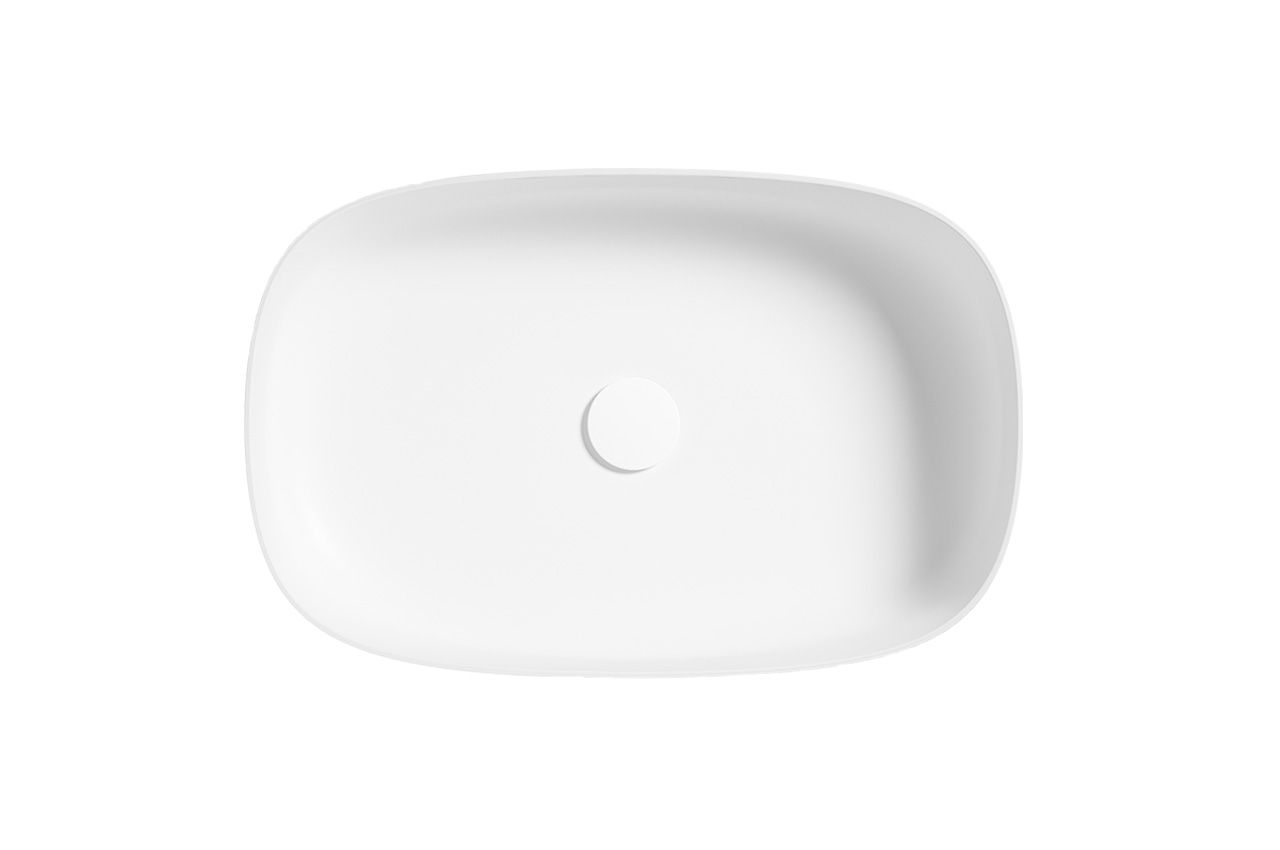 Draufsicht auf ein rechteckiges weißes Keramikwaschbecken mit abgerundeten Kanten und einem zentralen Abflussloch vor einem schlichten weißen Hintergrund.