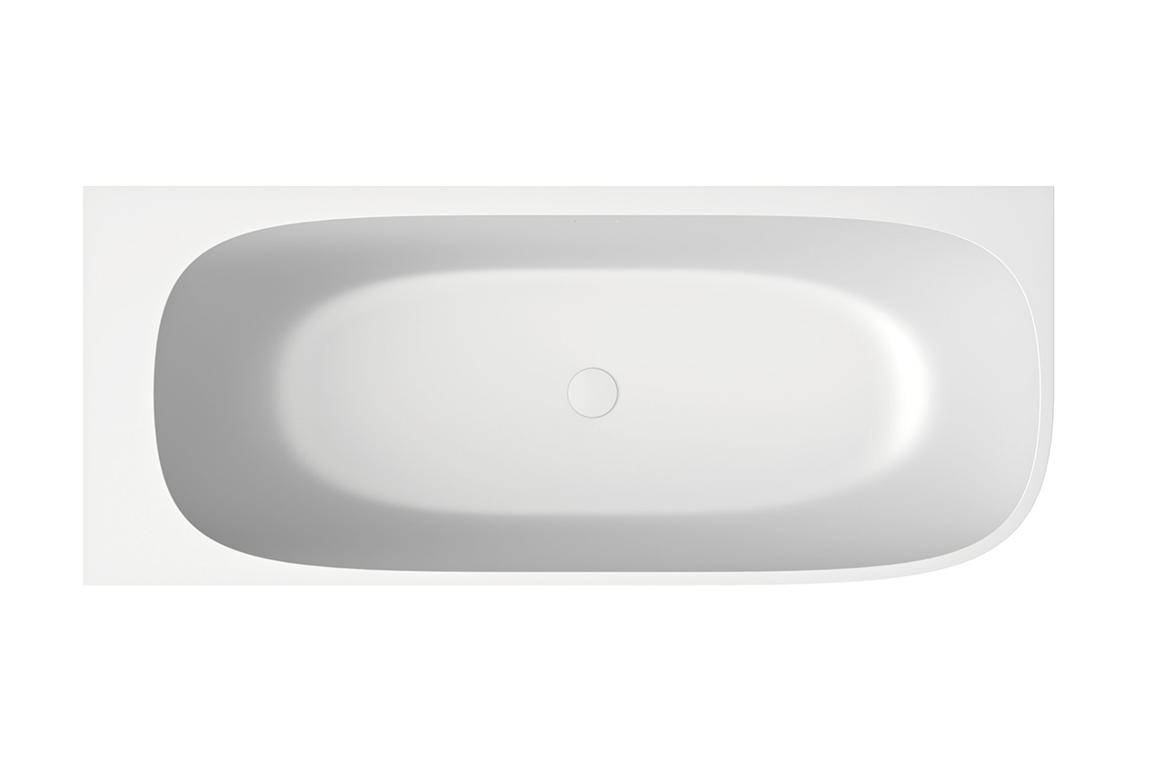 Draufsicht auf eine moderne, freistehende Mineralwerkstoff-Badewanne mit glatten, abgerundeten Ecken und einem mittig angeordneten Ablauf vor einem schlichten weißen Hintergrund.