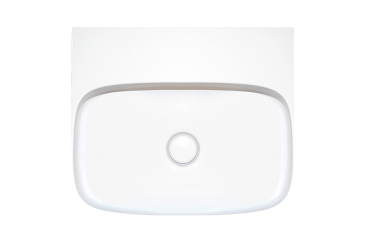 Eine Draufsicht auf ein modernes, rechteckiges weißes Waschbecken mit glatten Kanten und einem zentralen Abflussloch vor einem schlichten weißen Hintergrund.