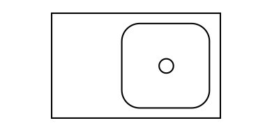 icon-waschtische Ein großes Rechteck enthält ein abgerundetes Rechteck in seiner Mitte, das wiederum einen kleinen Kreis in seiner Mitte enthält. Die Formen sind schwarz umrandet auf weißem Hintergrund.