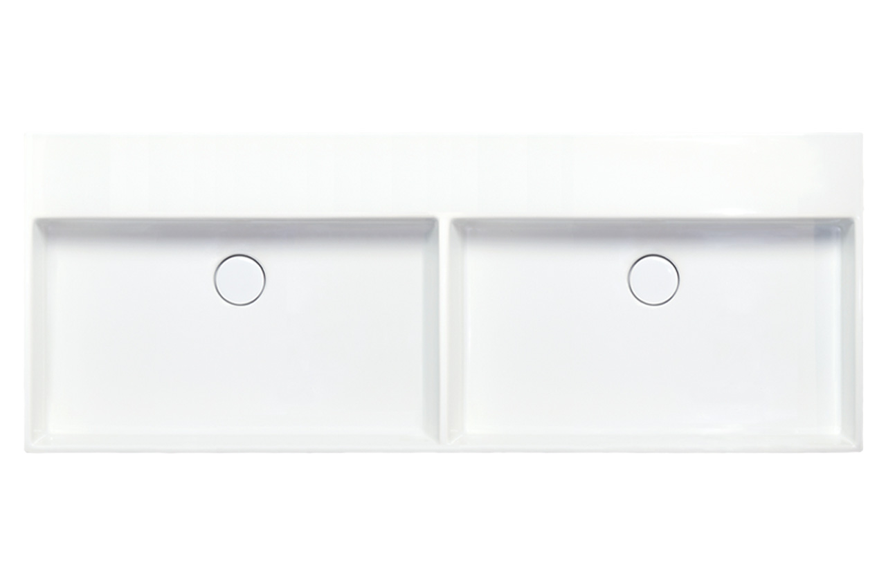 Rechteckiges weißes Doppelwaschbecken mit zwei getrennten Becken und zentralen runden Abflusslöchern, von oben gesehen vor einem schlichten weißen Hintergrund.