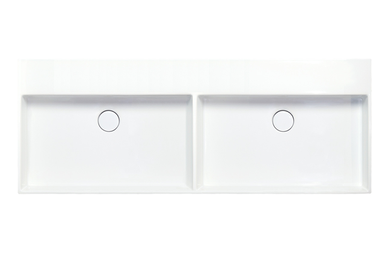 Ein weißes, rechteckiges Doppelwaschbecken mit zwei separaten Becken, die jeweils über eine zentrale Ablauföffnung verfügen. Das Design ist modern und minimalistisch.
