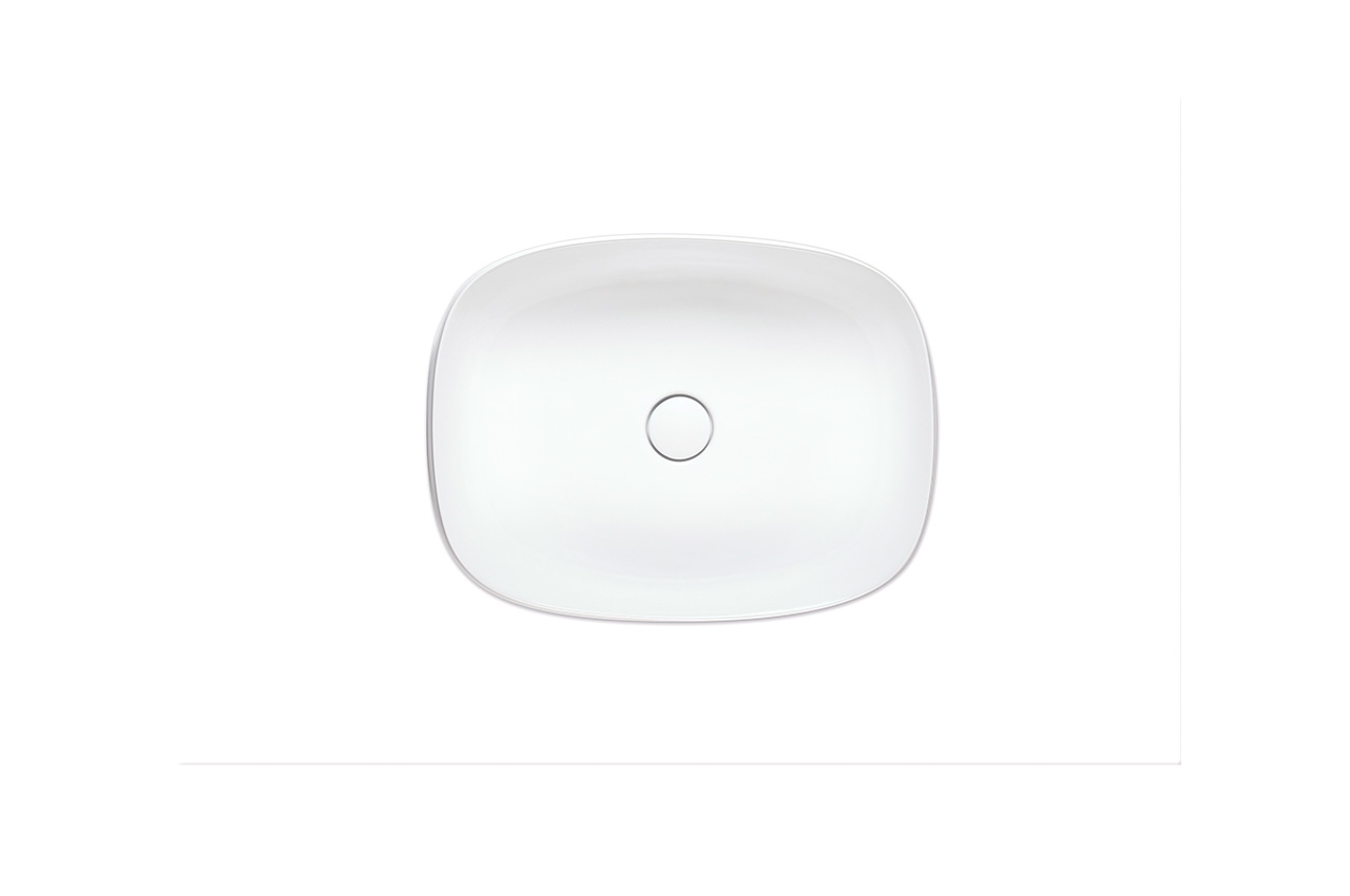 Draufsicht auf ein weißes, rechteckiges Waschbecken mit abgerundeten Ecken und einem zentralen Abfluss vor einem schlichten weißen Hintergrund.