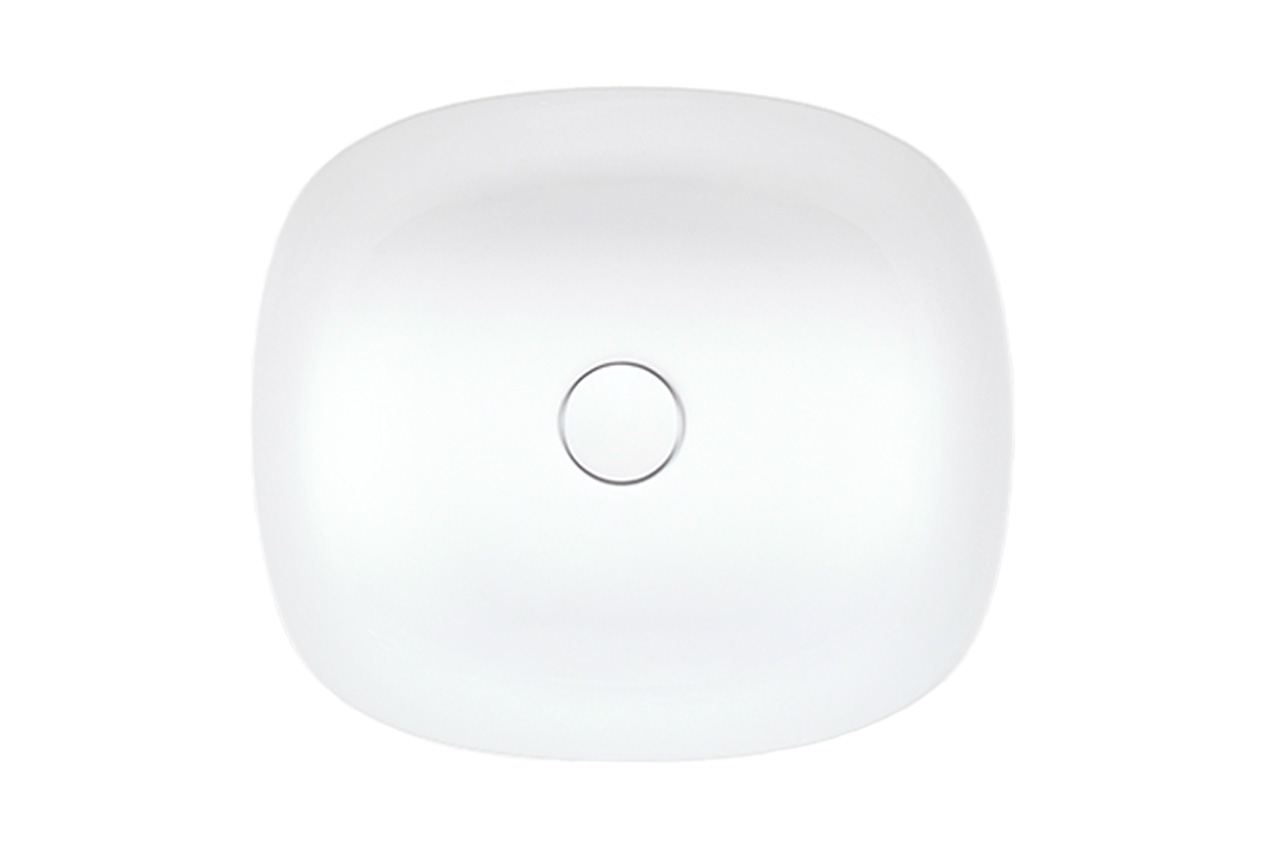 Draufsicht auf ein modernes, weißes, rechteckiges Waschbecken mit abgerundeten Ecken und einem zentralen, runden Abfluss. Das Waschbecken steht vor einem weißen Hintergrund.