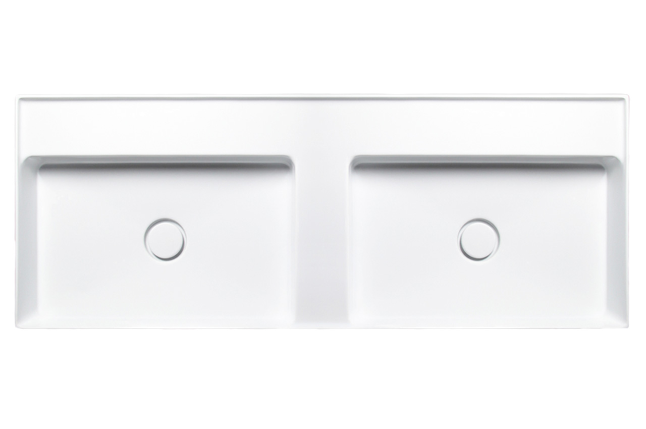 Ein weißes rechteckiges Doppelwaschbecken mit zwei gleich großen Becken und kreisförmigen Abläufen, dargestellt von oben nach unten auf weißem Hintergrund.
