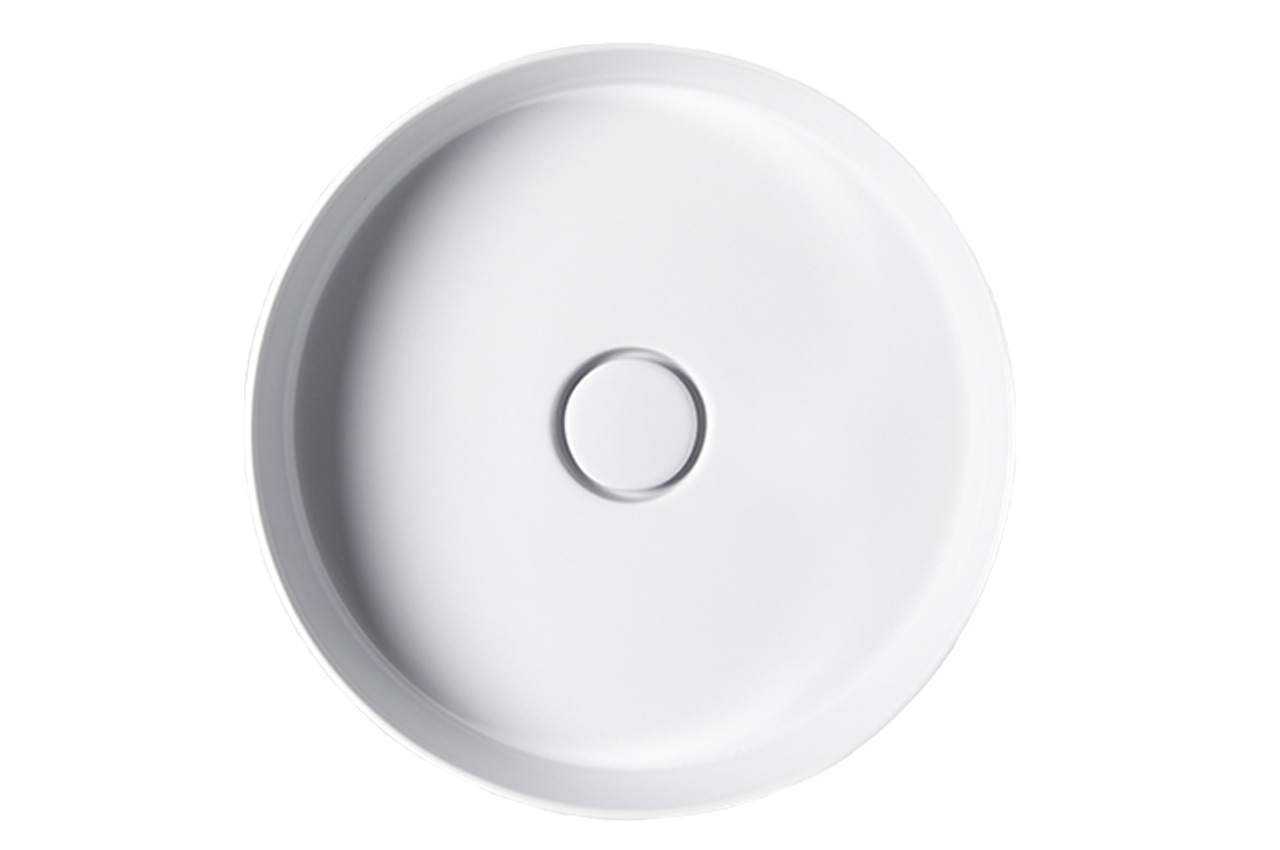 Ein weißes, rundes Keramikspülbecken von oben gesehen, mit einem zentralen Abflussloch. Das Design ist minimalistisch und glatt, mit sauberen Kanten und ohne sichtbare Einbauten.