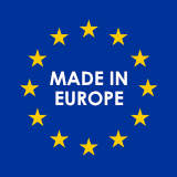Ein blauer Hintergrund mit zwölf gelben Sternen, die einen Kreis um den weißen Schriftzug MADE IN EUROPE bilden, der an die Flagge der Europäischen Union erinnert - ein Zeichen für handwerkliche Qualität für badmöbel und mehr.