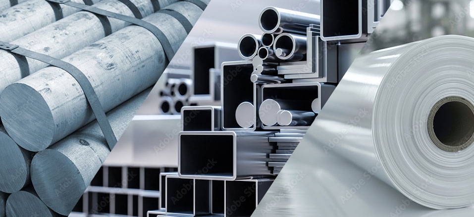 Drei Arten von Materialien: Aluminium, Edestahl und Kunststoff.