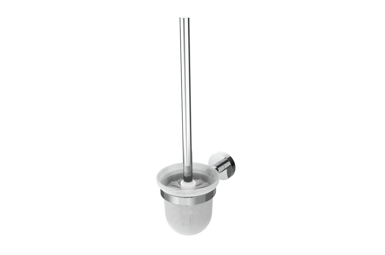Eine wandmontierte Toilettenbürste mit einem Metallgriff und einem Halter aus Milchglas, dargestellt vor einem weißen Hintergrund.