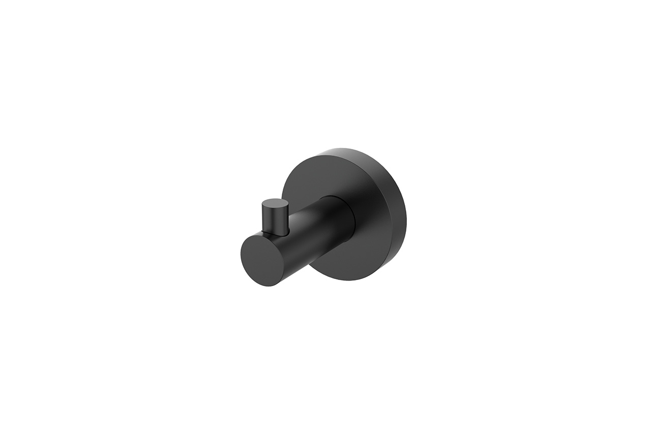 Minimalistischer Wandhaken aus schwarzem Metall mit zylindrischer Form und runder Basis, dargestellt vor einem schlichten weißen Hintergrund.