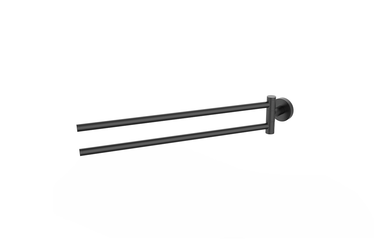 Ein schwarzer, an der Wand montierter doppelter Handtuchhalter mit zwei parallelen Stangen, die sich horizontal von einer runden Basis aus erstrecken, isoliert auf einem weißen Hintergrund.