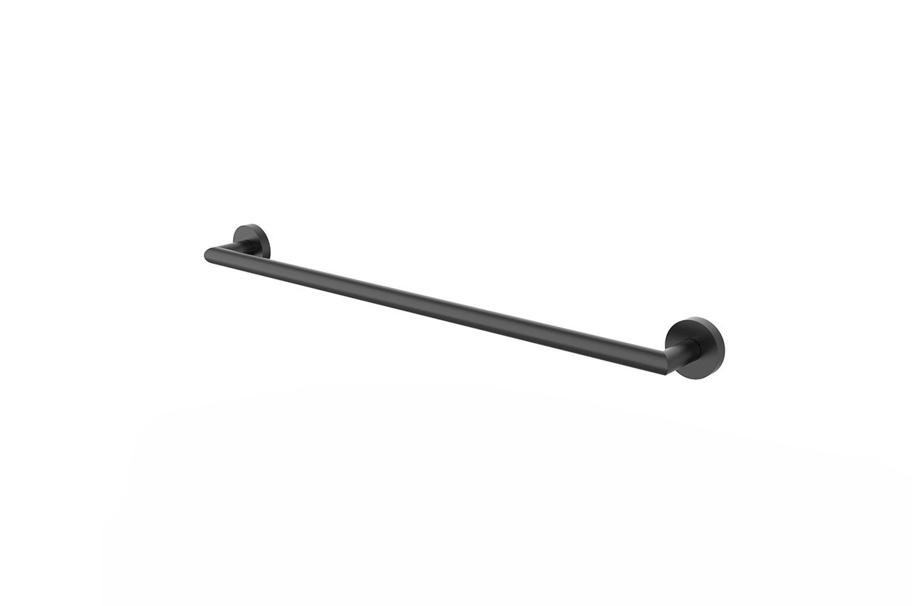 Ein einzelner schwarzer Handtuchhalter aus Metall auf weißem Grund, mit runden Wandhalterungen an beiden Enden.