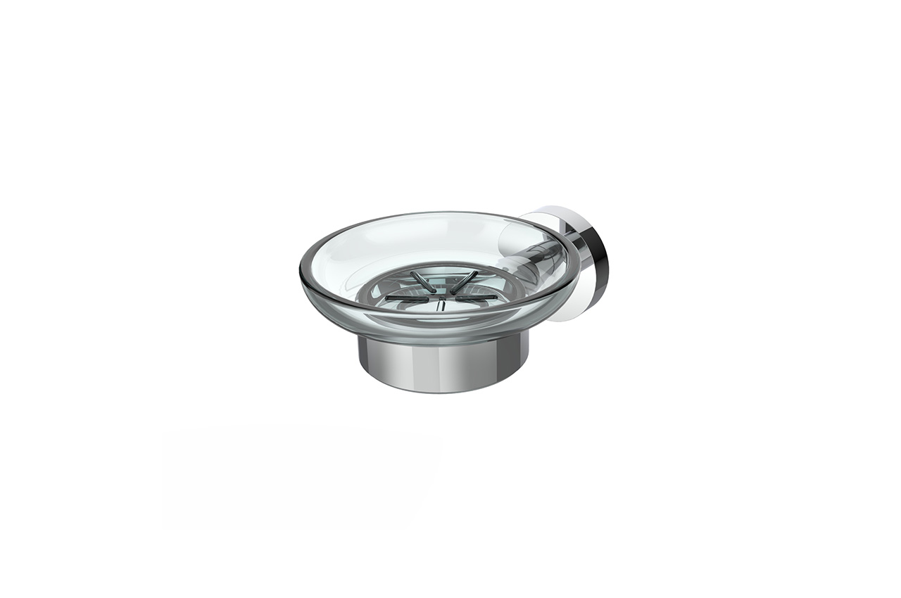 pg-Seifenablage-erlau-01 Eine moderne Seifenschale aus Glas mit einem runden, klaren Becken und einer silbernen Metallhalterung, die an der Wand befestigt werden kann. Die Schale hat einen eleganten, minimalistischen Stil und einen herausnehmbaren Schlitzeinsatz für den Abfluss.