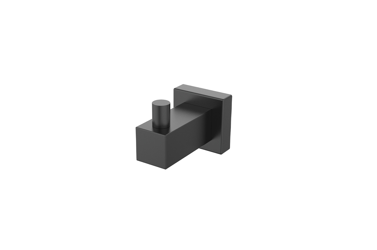 Ein moderner, mattschwarzer Wandhaken mit rechteckigem Sockel und zylindrischem Zapfen, der zum Aufhängen von Gegenständen dient. Das Design ist minimalistisch und geometrisch. Der Hintergrund ist einfarbig weiß.