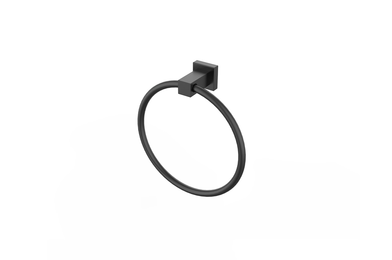 Ein schwarzer, quadratisch montierter Handtuchring aus Metall ist mittig auf einem schlichten weißen Hintergrund angeordnet.