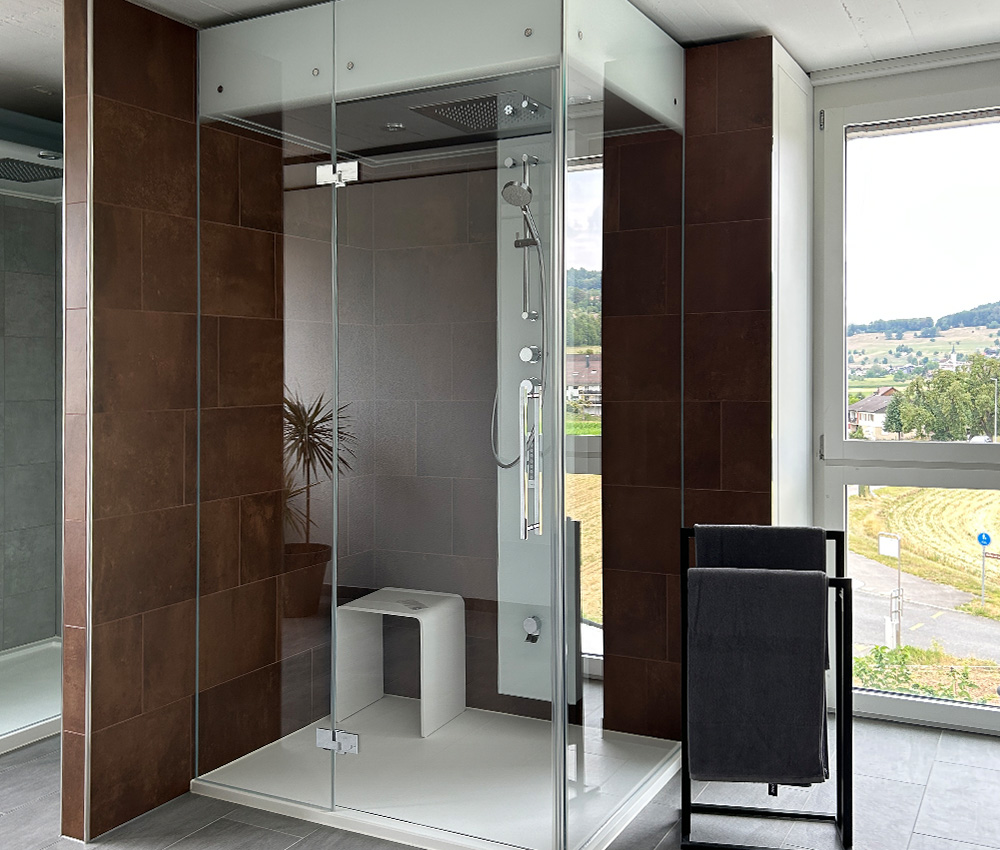Eine moderne Glasdusche mit einer weißen Sitzbank im Inneren, braun gefliesten Wänden und einem großen Fenster mit Blick auf eine grasbewachsene Landschaft; neben der Dusche befindet sich ein schwarzer Handtuchhalter mit dunklen Handtüchern.