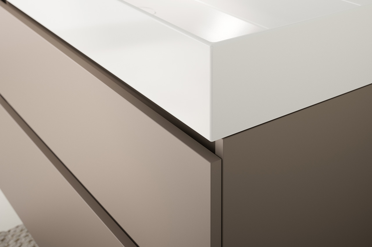 Nahaufnahme eines modernen Schranks oder Waschtischs mit glatten, braunen Schubladen und einer weißen Arbeitsplatte, der sich durch minimalistisches Design und klare Linien auszeichnet.